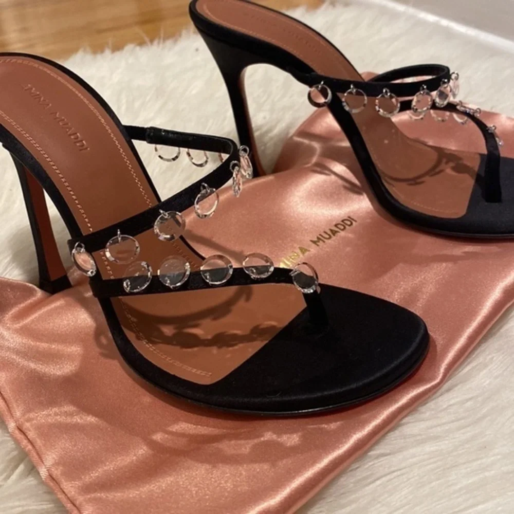 New Amina‎ Muaddi Tina Satin Crystal Charm sandals size 37.5EU
